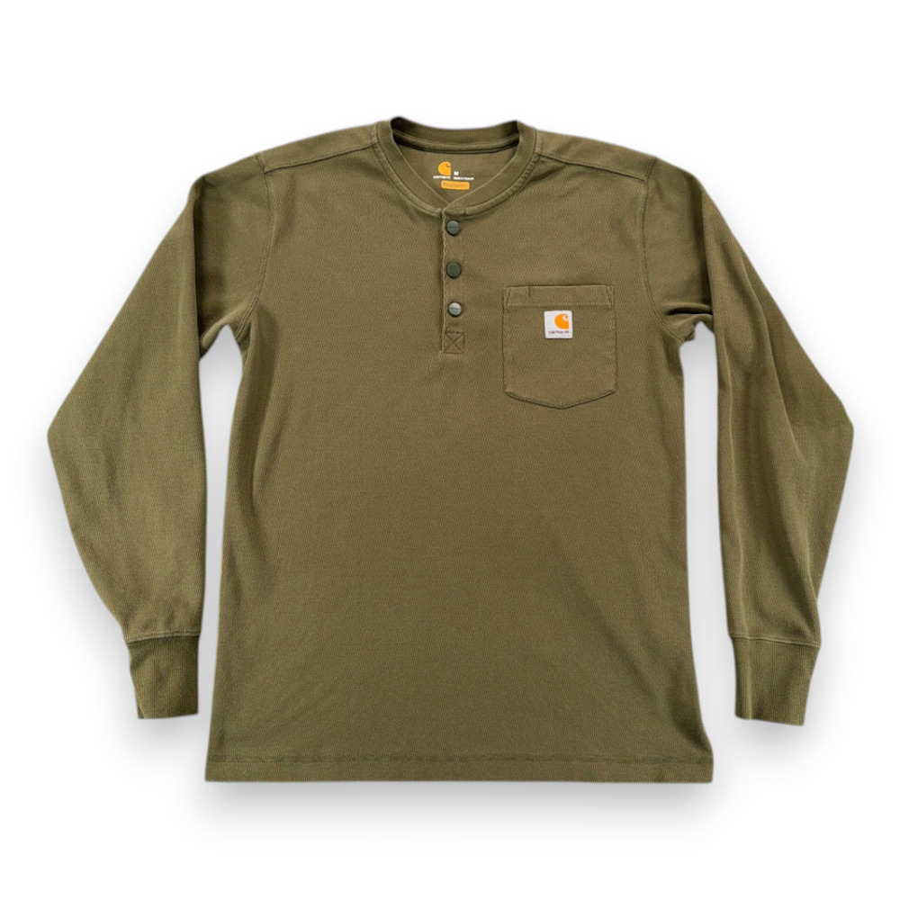 Carhartt Shirt Adult MEDIUM Green Henley Snaps Long Sleeve Military Workwear